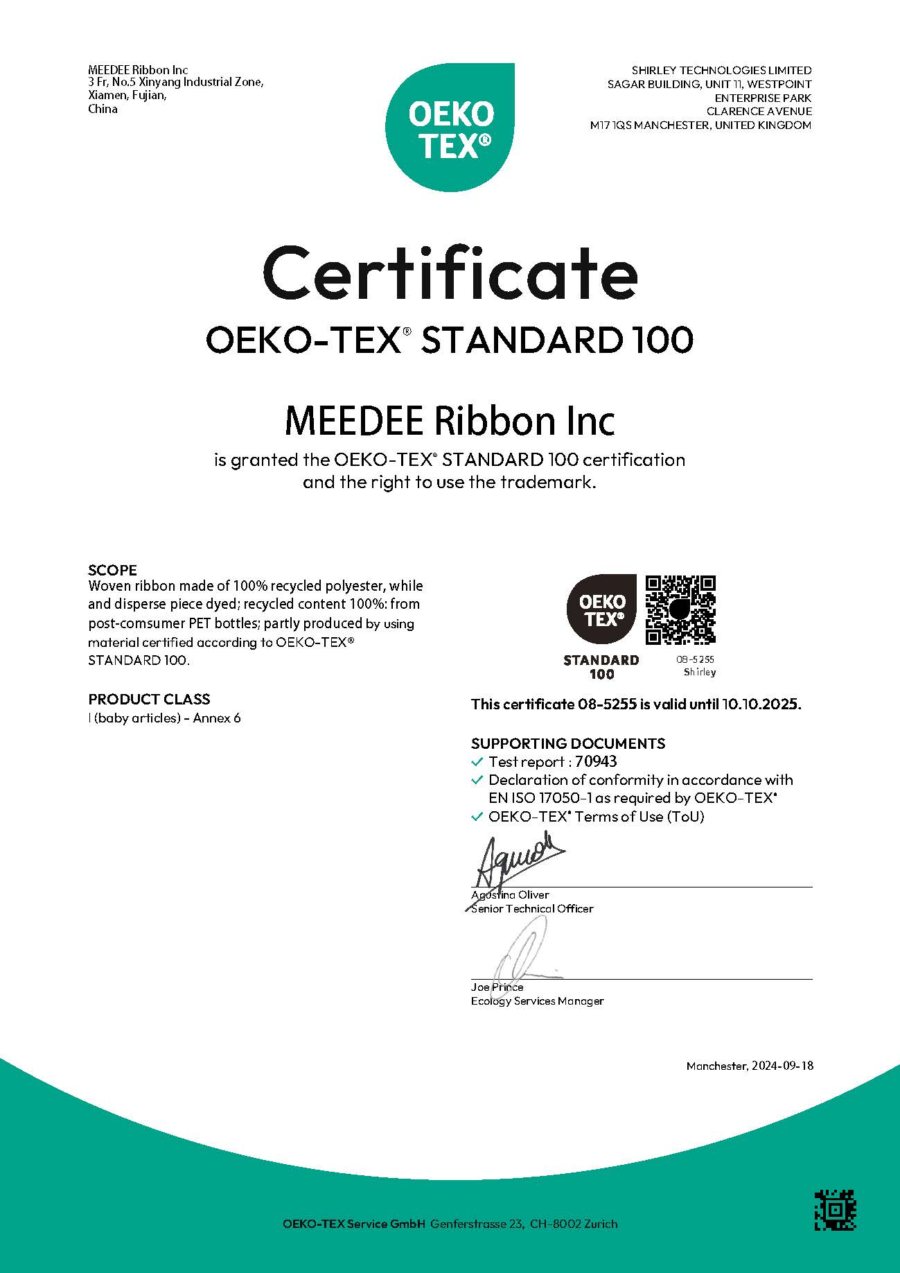 Oeko-Tex Standard 100 certificate